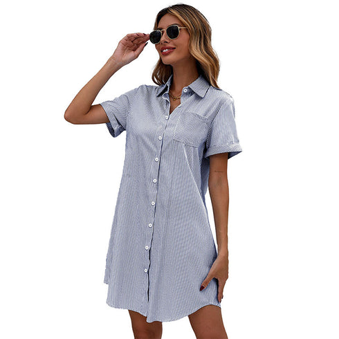 Women's Lapel Short Sleeve Stripes Shirt Dresses
