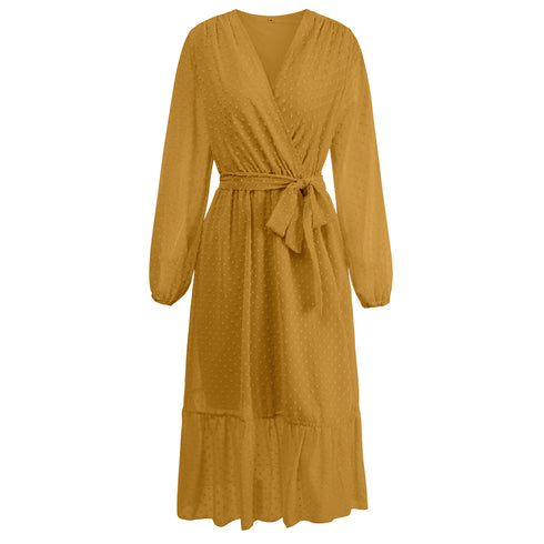 Women's Long Sleeve Frock Dress V Neck Strappy Dress