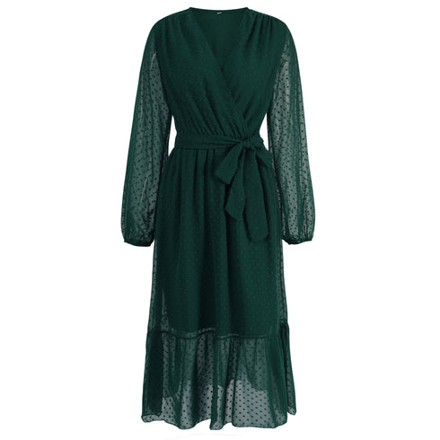 Women's Long Sleeve Frock Dress V Neck Strappy Dress