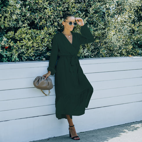 Women's Long Sleeve Frock Dress V Neck Strappy Dress