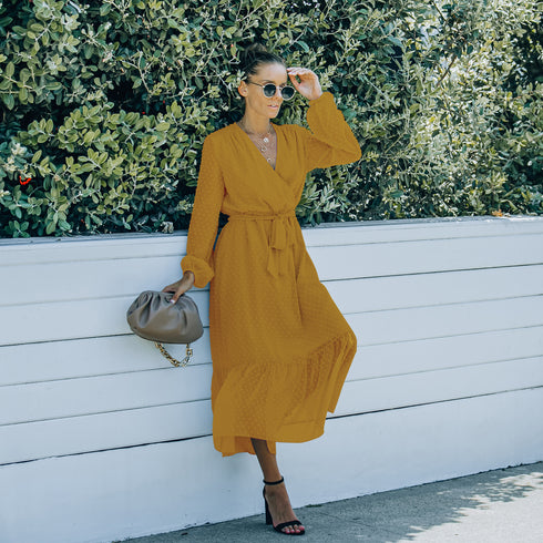 Women's Long Sleeve Frock Dress V Neck Strappy Dress