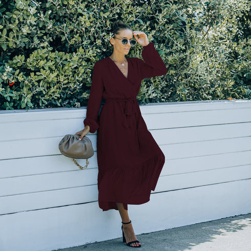 Women's Long Sleeve Frock Dress V Neck Strappy Dress