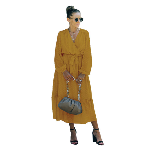 Women's Long Sleeve Frock Dress V Neck Strappy Dress