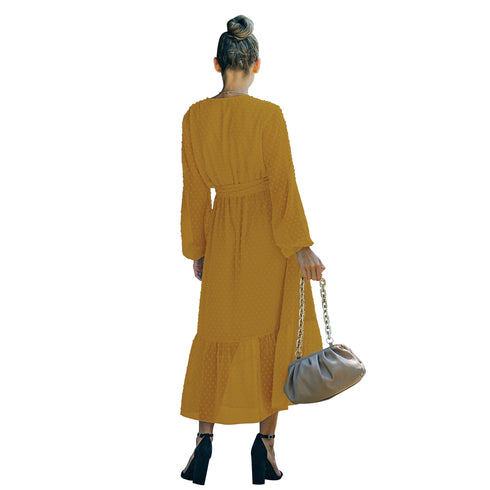 Women's Long Sleeve Frock Dress V Neck Strappy Dress