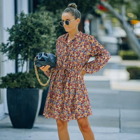 Women's Long Sleeve High Waisted Strappy Floral Chiffon Dress