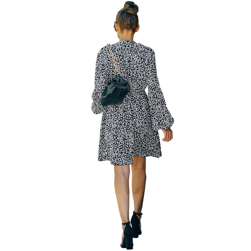 Women's Long Sleeve High Waisted Strappy Floral Chiffon Dress