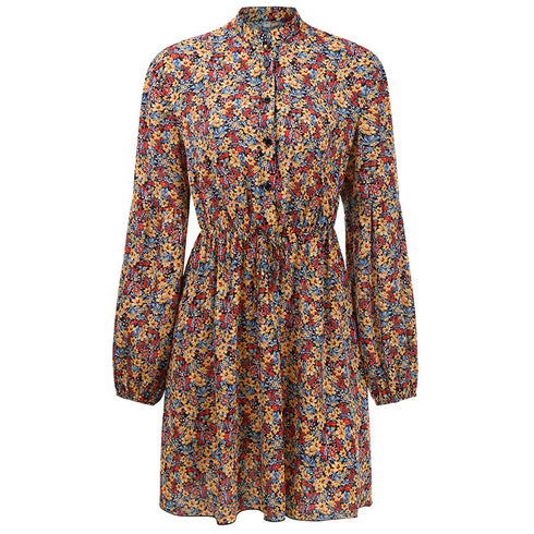 Women's Long Sleeve High Waisted Strappy Floral Chiffon Dress