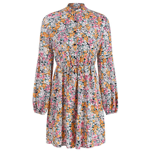 Women's Long Sleeve High Waisted Strappy Floral Chiffon Dress