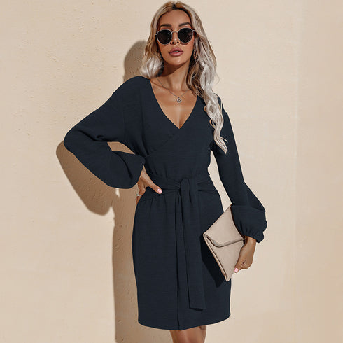 Women's Long Sleeve Hip Wrap V Neck Strappy Dress