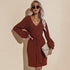 Women's Long Sleeve Hip Wrap V Neck Strappy Dress