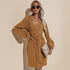 Women's Long Sleeve Hip Wrap V Neck Strappy Dress