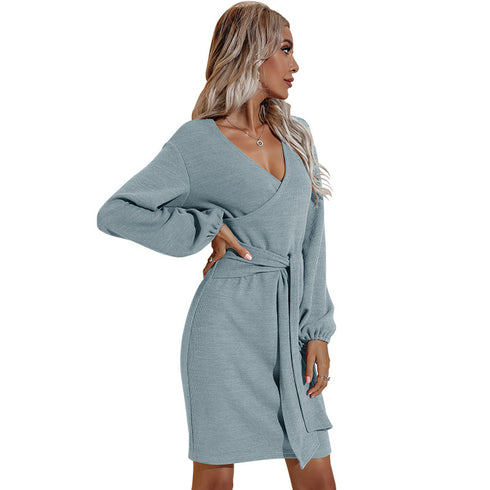 Women's Long Sleeve Hip Wrap V Neck Strappy Dress