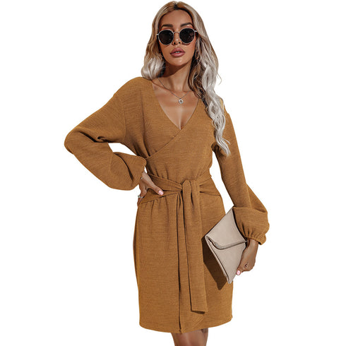 Women's Long Sleeve Hip Wrap V Neck Strappy Dress