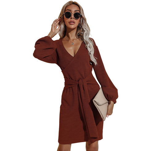 Women's Long Sleeve Hip Wrap V Neck Strappy Dress