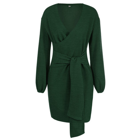 Women's Long Sleeve Hip Wrap V Neck Strappy Dress