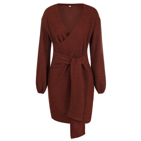 Women's Long Sleeve Hip Wrap V Neck Strappy Dress