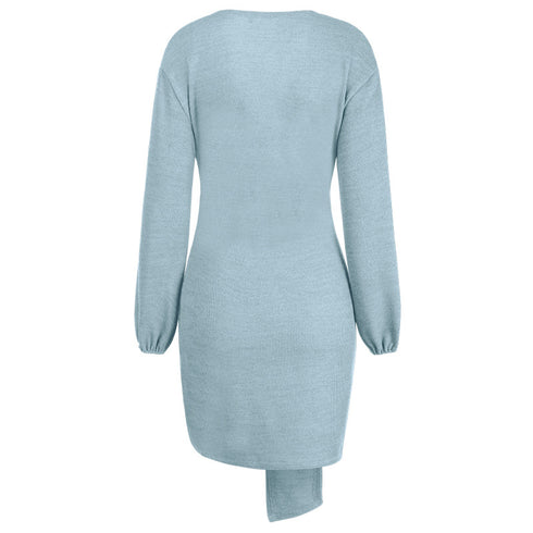 Women's Long Sleeve Hip Wrap V Neck Strappy Dress