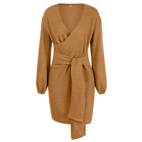 Women's Long Sleeve Hip Wrap V Neck Strappy Dress
