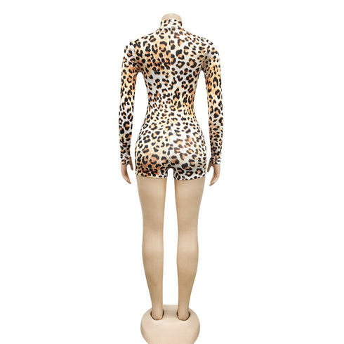 Women's Long Sleeve Leopard Shorts High Neck Rompers
