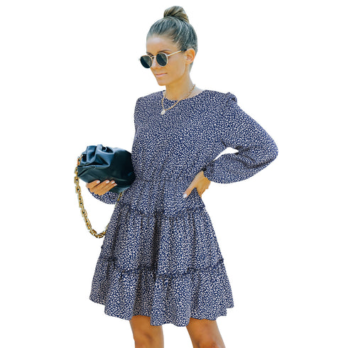 Women's Long Sleeve Stylish Round Neck A-line Skirt Dress