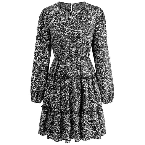 Women's Long Sleeve Stylish Round Neck A-line Skirt Dress