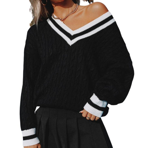 Women's Loose Casual Pullover Long Sleeve V Neck Sweater