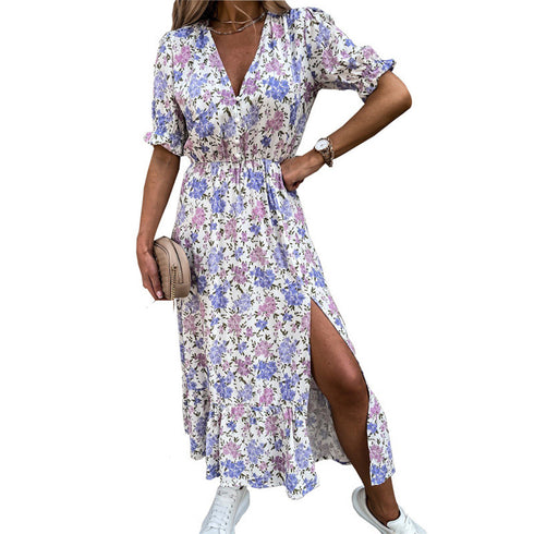 Women's Loose Flowy Swing V Neck Sexy Print Long Dress