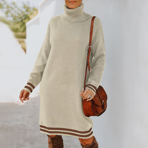 Women's Loose Simple Knitted Dress with High Neck Long Sleeves