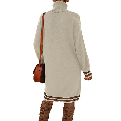 Women's Loose Simple Knitted Dress with High Neck Long Sleeves