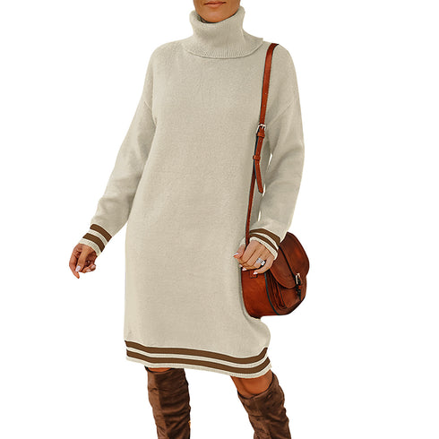 Women's Loose Simple Knitted Dress with High Neck Long Sleeves