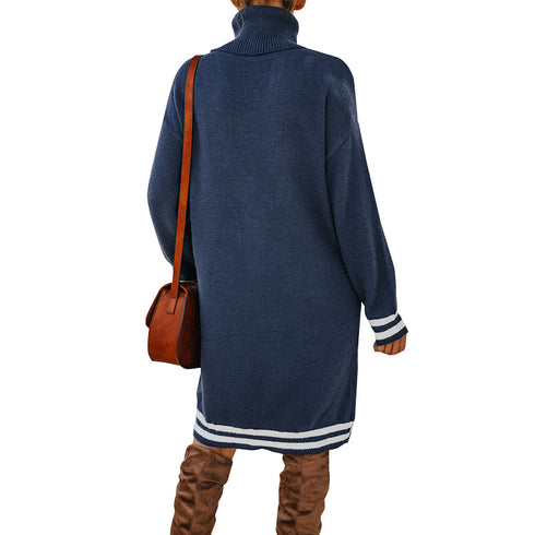 Women's Loose Simple Knitted Dress with High Neck Long Sleeves
