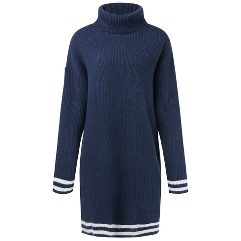 Women's Loose Simple Knitted Dress with High Neck Long Sleeves