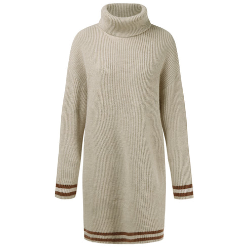 Women's Loose Simple Knitted Dress with High Neck Long Sleeves