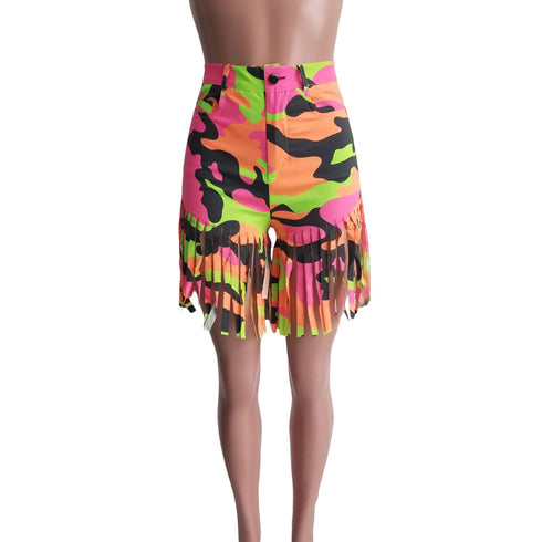 Women's Mid Waist Tie-dye Printed Print Fringed Shorts