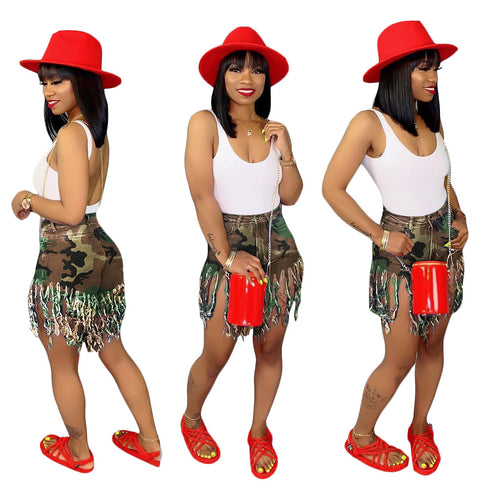 Women's Mid Waist Tie-dye Printed Print Fringed Shorts