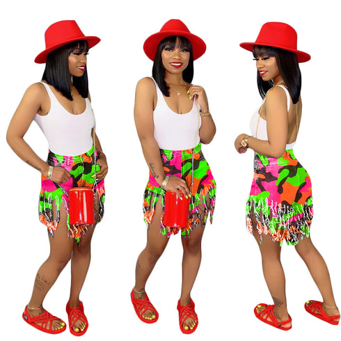 Women's Mid Waist Tie-dye Printed Print Fringed Shorts