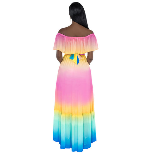 Women's Off Shoulder Rainbow Style Chiffon Loose Dresses