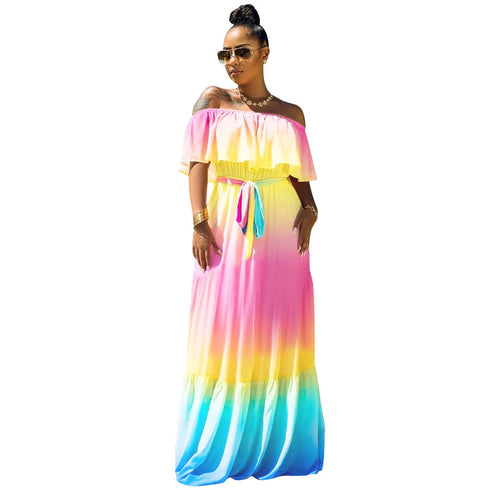 Women's Off Shoulder Rainbow Style Chiffon Loose Dresses