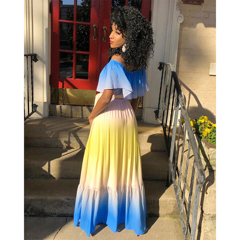 Women's Off Shoulder Rainbow Style Chiffon Loose Dresses