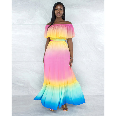 Women's Off Shoulder Rainbow Style Chiffon Loose Dresses