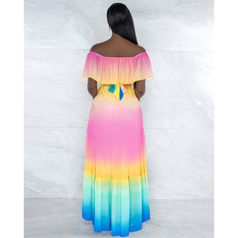 Women's Off Shoulder Rainbow Style Chiffon Loose Dresses