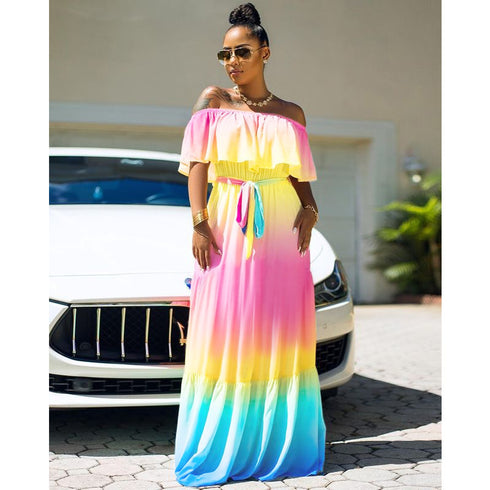 Women's Off Shoulder Rainbow Style Chiffon Loose Dresses