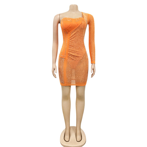 Women's One-shoulder Fluoroscopy Gauze Nightclub Dresses