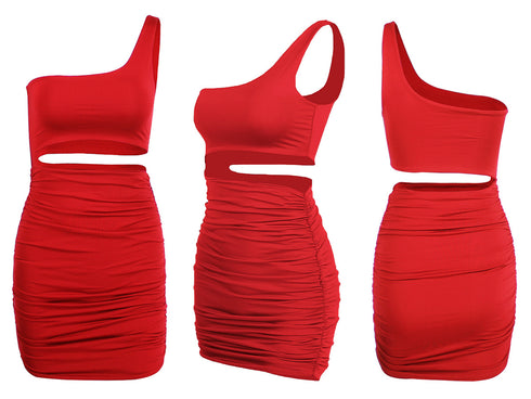 Women's One Shoulder Stylish Pleated Bodycon Dresses