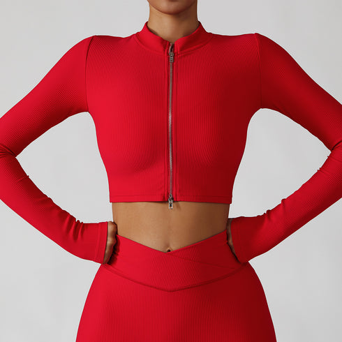 Women's Outdoor Long Sleeve Zipper Fitness Crop Tops