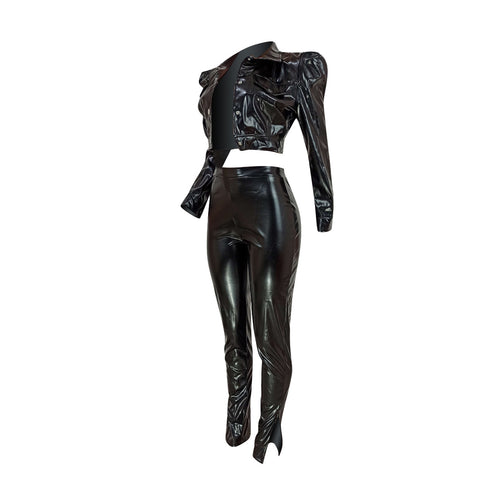 Women's PU Leather Outfits Jacket Top Skinny Pants Two Pieces