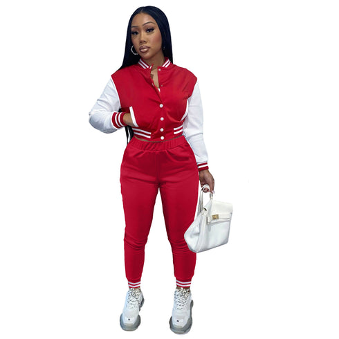 Women's Patchwork Long Sleeve Baseball Set Two Piece Outfits