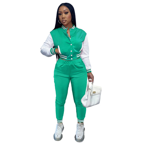 Women's Patchwork Long Sleeve Baseball Set Two Piece Outfits