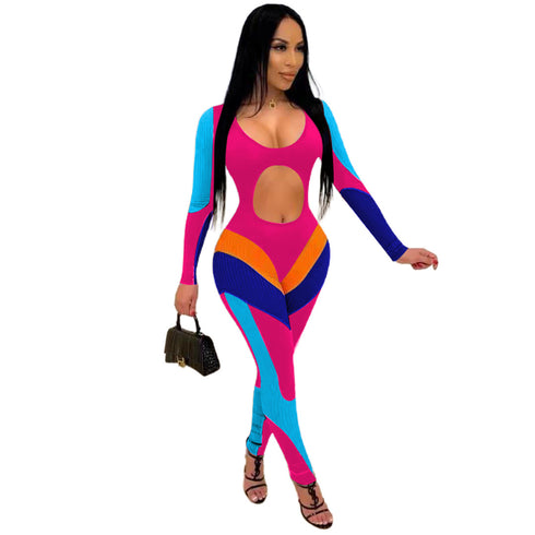 Women's Patchwork Multi-colored Romper Long Sleeve Jumpsuit