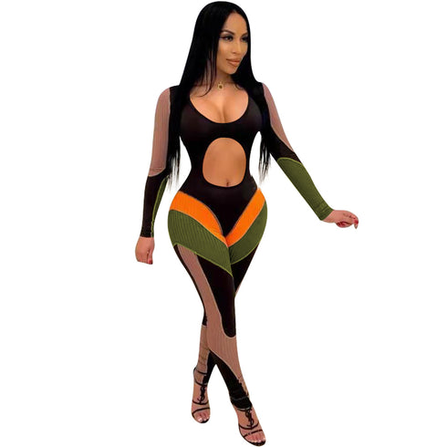 Women's Patchwork Multi-colored Romper Long Sleeve Jumpsuit